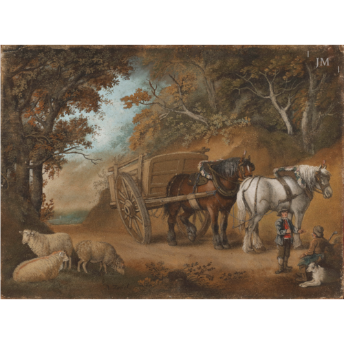 Carters at rest on a wooded track, in the style of George Morland
